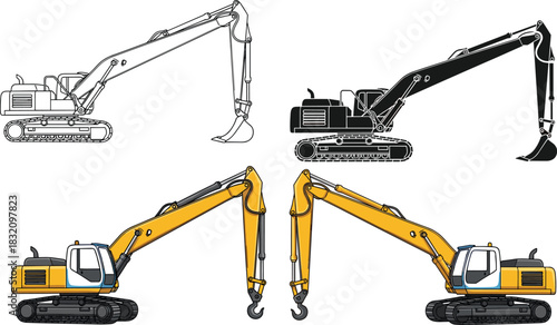 Excavator silhouettes and illustrations, construction machinery, boom and hook arms, equipment comparison, industrial tools, heavy vehicles, black icons, flat vector