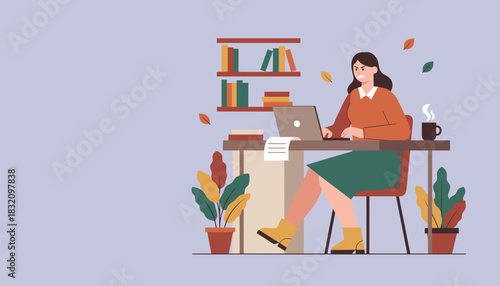 Frustrated woman working on a laptop in her autumn home office dealing with stress and deadlines