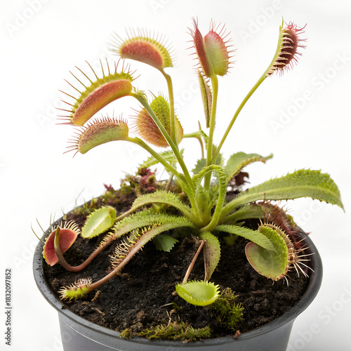 Venus Flytrap: This image captures a close-up of a vibrant Venus flytrap plant, showcasing its unique carnivorous nature and intricate trapping mechanism. The plant, potted in dark soil.