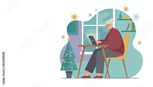 Senior woman working on a laptop at a desk near a Christmas tree Festive digital communication