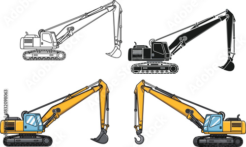 Excavator illustrations with bucket and hook, construction machinery styles, heavy equipment comparison, industrial tools, black and color, flat vector