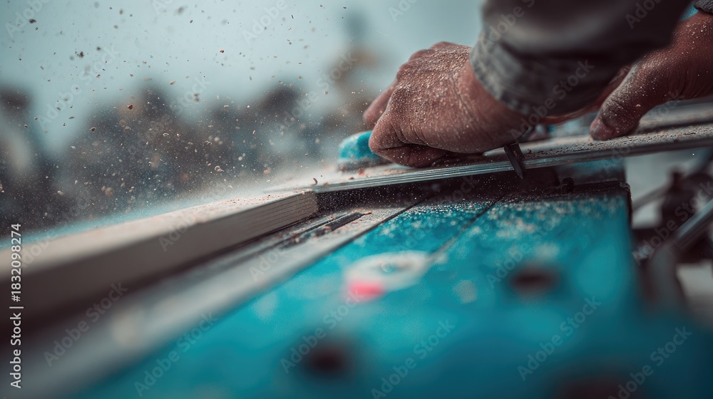 Obraz premium Close-up of hands meticulously working with a woodworking machine.
