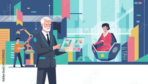 Business leader monitors data and automation with tech support in a vibrant futuristic smart city setting