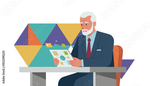 Senior businessman analyzes a data diagram at his office desk corporate strategy and financial planning concept