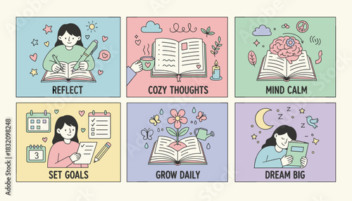 Six pastel illustrations depicting selfcare concepts reflection goals journaling growth and relaxation