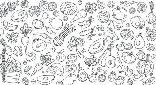 A collection of hand-drawn fruits and vegetables in black and white outline vector style, perfect for culinary designs and healthy food branding