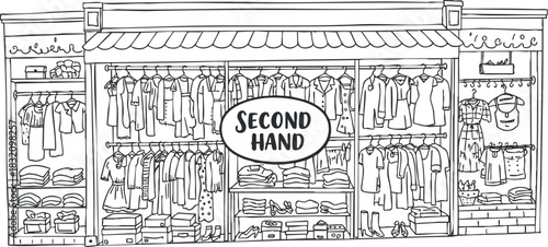 A second hand clothing store illustration in minimalist black and white line art style, suitable for eco-friendly fashion branding