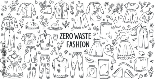 A collection of zero waste fashion illustrations featuring various clothing items and accessories in hand-drawn vector style, perfect for sustainable fashion projects
