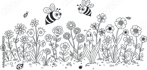 A whimsical scene featuring bees buzzing around a variety of flowers in a black and white hand-drawn vector style, perfect for children's illustrations or nature-themed projects