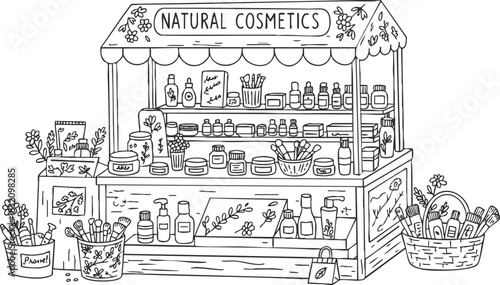 A natural cosmetics market stand with various beauty products and decorative elements in outline sketch vector style, ideal for wellness branding and marketing