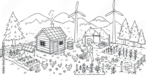 A rural farm scene featuring a house, garden, chickens, and wind turbines in black and white outline vector style, suitable for eco-friendly projects