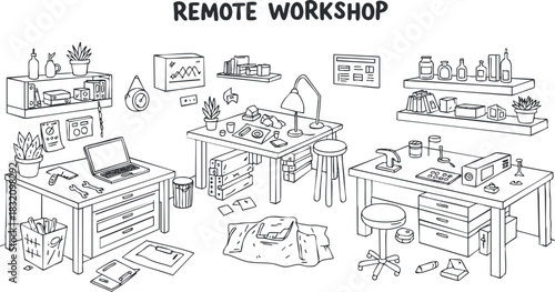 A remote workshop illustration featuring desks, tools, and creative supplies in a clean line art vector style, perfect for home office design