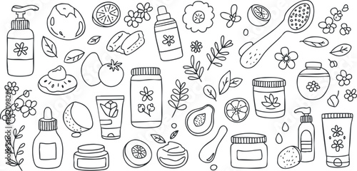 A collection of skincare and beauty products including jars, bottles, and botanical elements in a hand-drawn outline style, suitable for wellness branding and packaging
