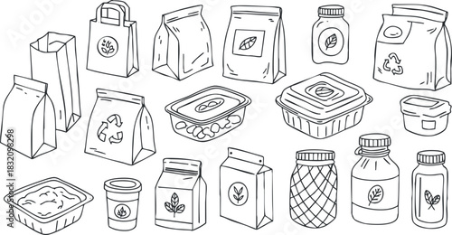 A collection of eco-friendly packaging designs including boxes, bags, and bottles in a minimalist outline vector style, suitable for sustainable product branding