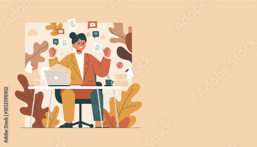 Angry employee burnout illustration Frustrated worker overwhelmed by excessive tasks and notifications