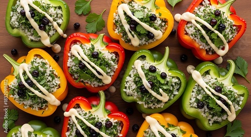 Fototapeta Naklejka Na Ścianę i Meble -  Colorful stuffed bell peppers filled with rice and herbs drizzled with creamy sauce dish