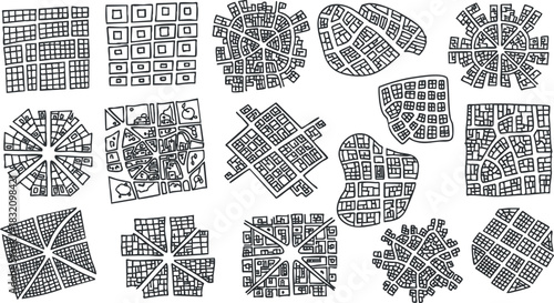 A collection of abstract geometric patterns in black and white vector style, suitable for creative design projects and backgrounds