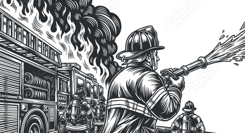 A firefighter battling flames with a hose, in a vintage black and white illustration style, ideal for fire safety awareness campaigns
