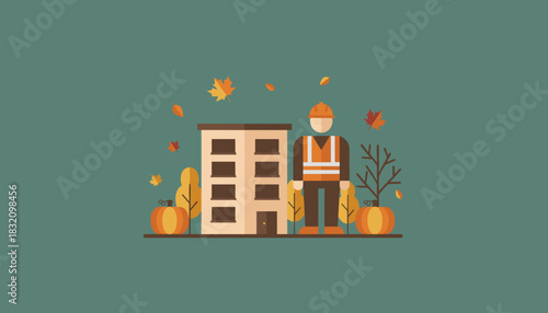 Flat illustration of a construction worker building pumpkins and falling autumn leaves on green background