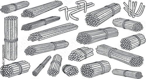 A collection of various bundles of sticks and wooden elements in detailed outline vector style, suitable for nature-themed designs and illustrations