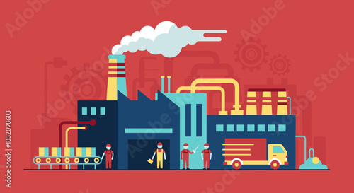 Modern factory building illustration production line logistics and industrial labor