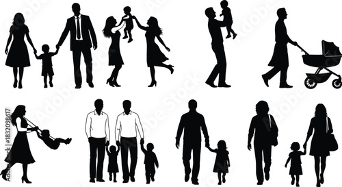 Family silhouettes in caregiving scenes, adults with children, stroller pushing, bonding moments, emotional connection, black icons, love, flat vector