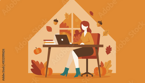 Businesswoman working remotely on a laptop in a cozy autumn home office setting