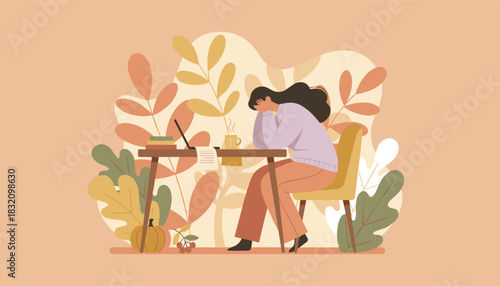 Stressed woman suffering burnout at home desk Remote work fatigue depression or mental health crisis