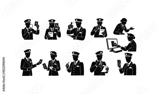 Airport immigration officer in various poses checking passport depicted as a silhouette isolated on white background for graphic design purposes