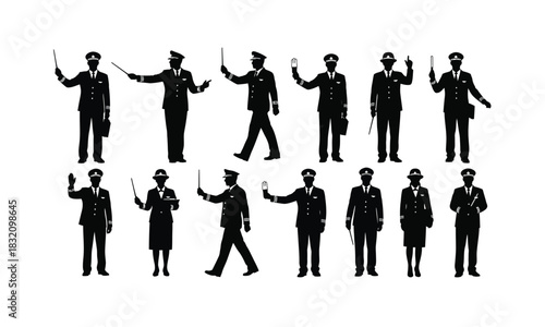Airport ground staff in various signaling poses a distinct silhouette illustration on a clean white background perfect for aviation themes isolated on white background