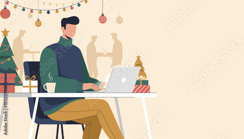 Festive office work Man typing on laptop near Christmas tree and gifts Holiday business concept illustration