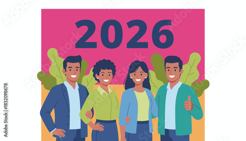 Diverse smiling business team projecting success and future growth for the year 2026
