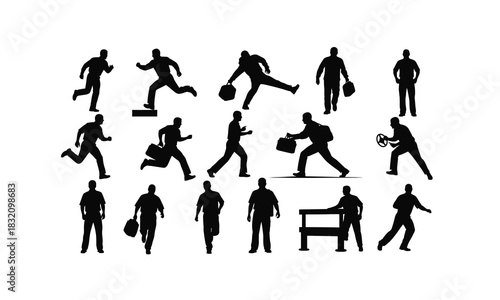 Dynamic silhouette of an ambulance driver rushing to an emergency in various poses isolated on white background