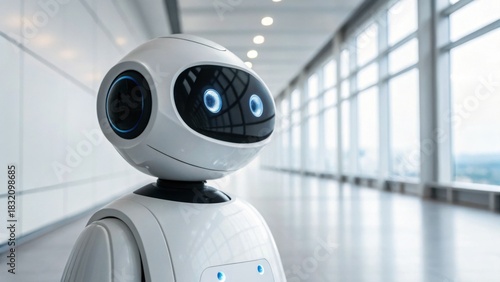 A friendly robot with glowing blue eyes stands in a modern, spacious corridor, showcasing advanced technology and futuristic design.
