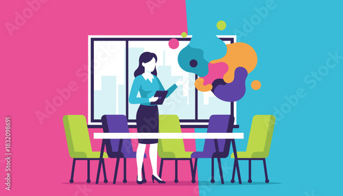 Professional woman presenting ideas in a modern colorful office meeting room Innovation and leadership concept