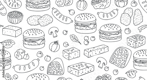 A collection of various food items including burgers, vegetables, fruits, and snacks in simple line art vector style, ideal for culinary designs and food-related projects