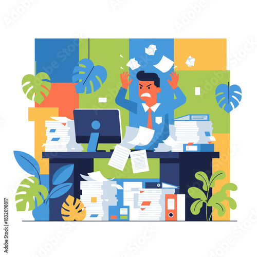 Overloaded businessman stressed by huge piles of paper and documents work pressure and burnout concept