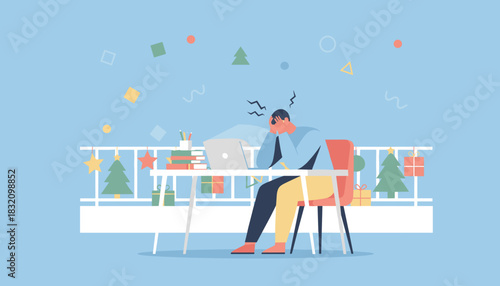 Stressed man working on laptop near holiday decorations Concept of burnout and deadlines during Christmas