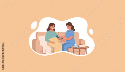 Home prenatal care Nurse checks pregnant womans blood pressure during a visit