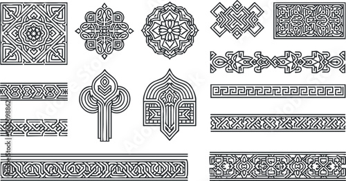 A collection of intricate decorative patterns and borders in black outline vector style, suitable for cultural and artistic projects