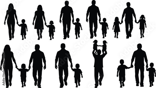 Family group silhouettes, diverse parenting poses, adults with children, caregiving moments, bonding interaction, black icons, love and care, flat vector
