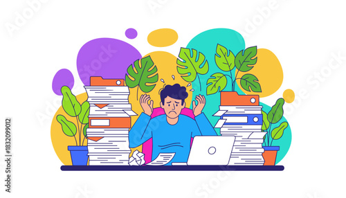 Overwhelmed office worker stressed by massive piles of paperwork symbolizing heavy workload and burnout