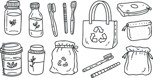 A collection of eco-friendly items including jars, bottles, toothbrushes, and bags in a hand-drawn outline style, ideal for sustainability projects