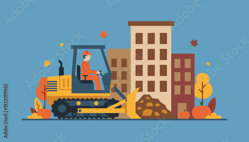Construction worker operating a bulldozer for city development with fall elements