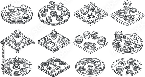 A collection of various dessert platters featuring sweets and treats in black and white outline vector style, perfect for culinary designs