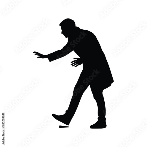 Silhouette of a man in a suit jacket tripping over an unseen obstacle on a white background