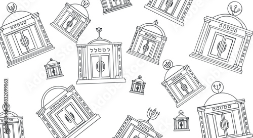 A seamless pattern of various lanterns and lamps in black and white outline vector style, suitable for home decor designs