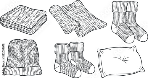 A collection of cozy knitwear items including a blanket, scarf, hat, and socks in outline vector style, ideal for winter apparel designs