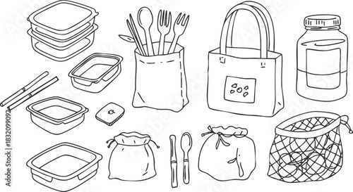 A collection of various kitchen storage containers, utensils, and eco-friendly bags in minimalist outline vector style, suitable for home organization and meal prep