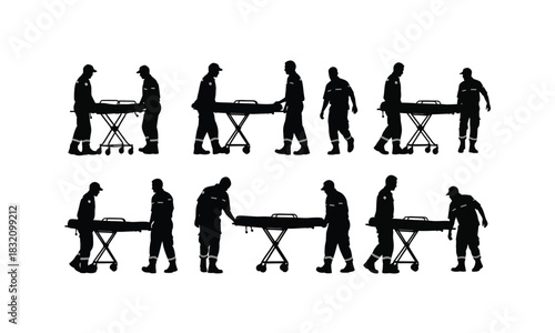 Emergency paramedic team carrying stretcher in various dynamic poses a striking silhouette illustration isolated on white background